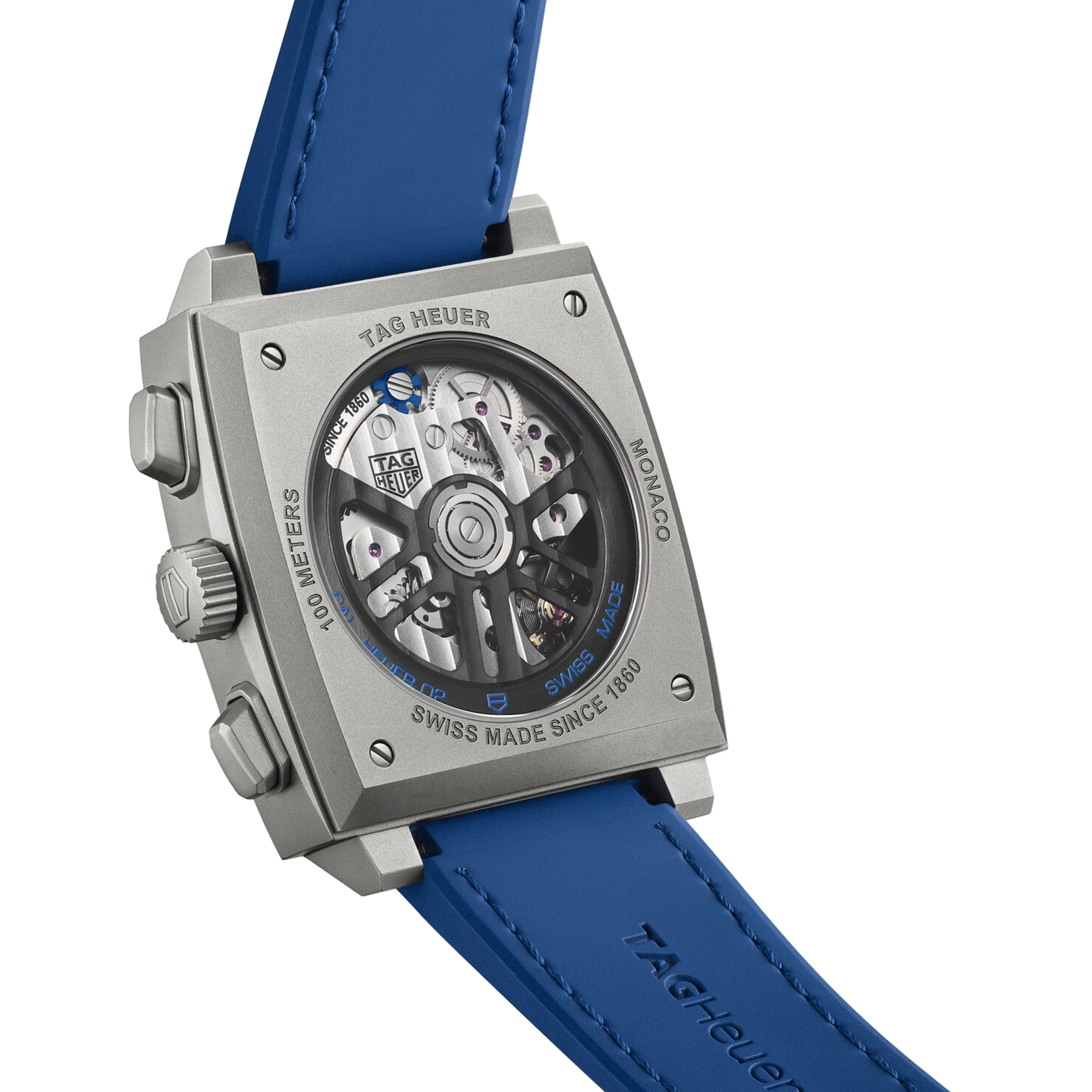 Montre TAG Heuer Monaco Original Blue automatique cadran squelette cuir et caoutchouc bleu 39 mm CBL2182.FT6235