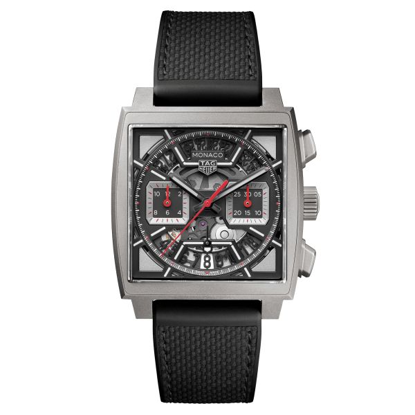 TAG Heuer Monaco Racing Red automatic watch with black leather and rubber skeleton dial 39 mm