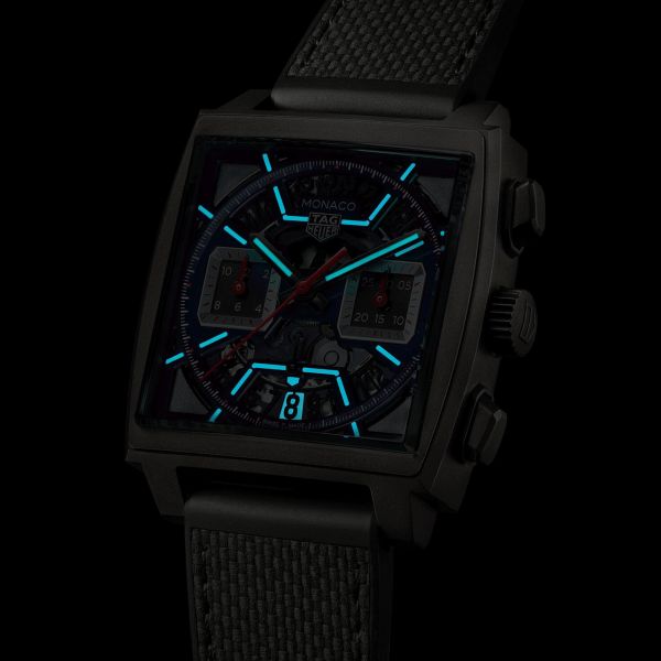 Montre TAG Heuer Monaco Racing Red automatique cadran squelette cuir et caoutchouc noir 39 mm CBL2183.FT6236