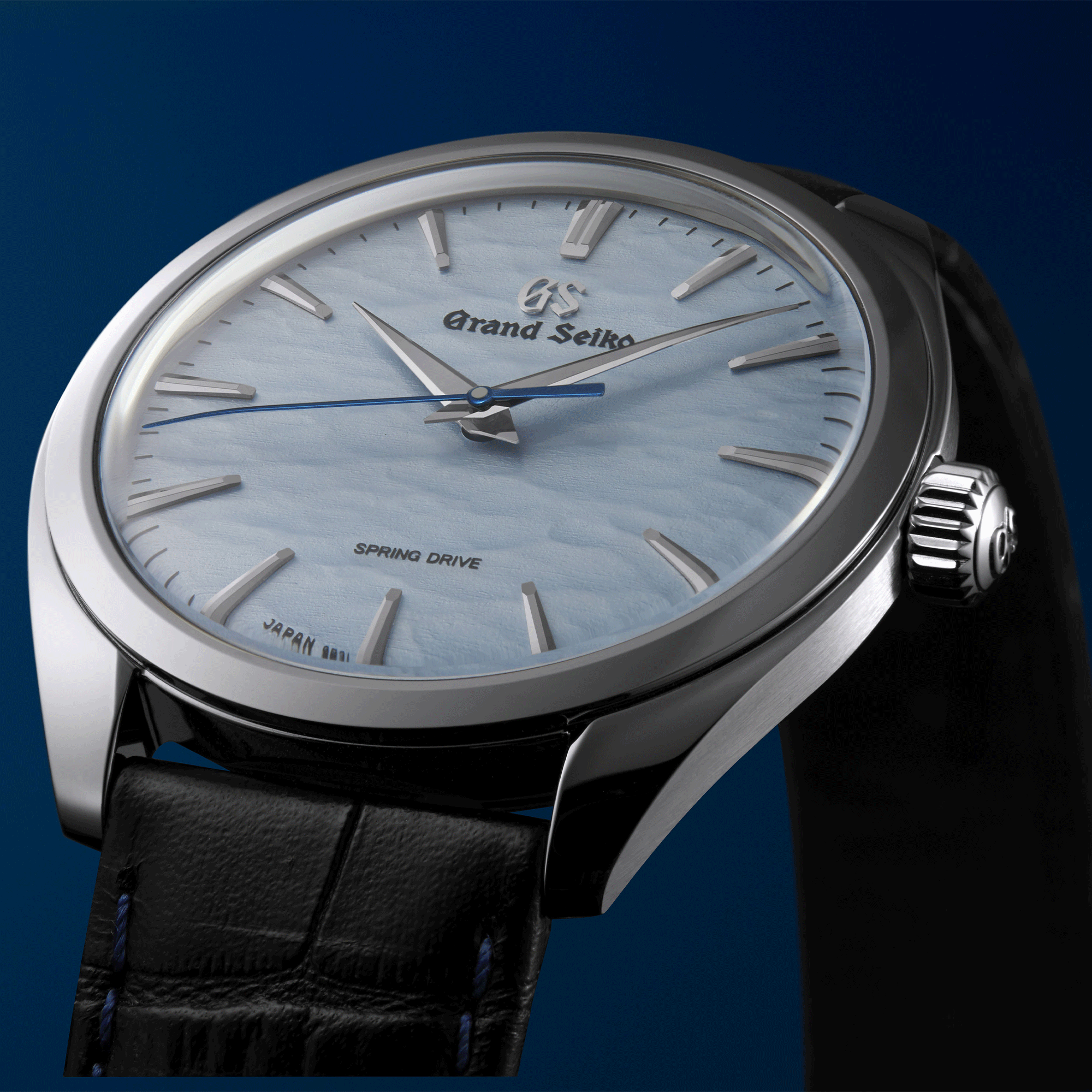 Grand Seiko Elegance Spring Drive mechanical watch blue dial black crocodile leather strap 38,5 mm