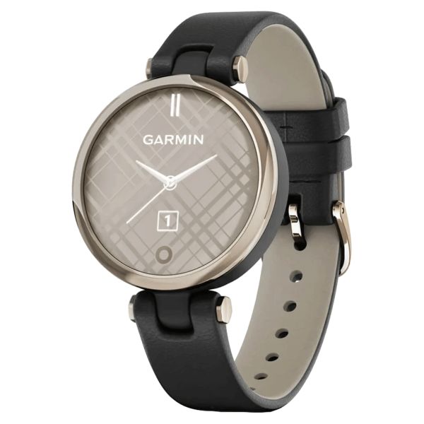 Garmin Lily Classic Black and Cream Gold watch with black leather strap 34.5 mm 010-02384-B1