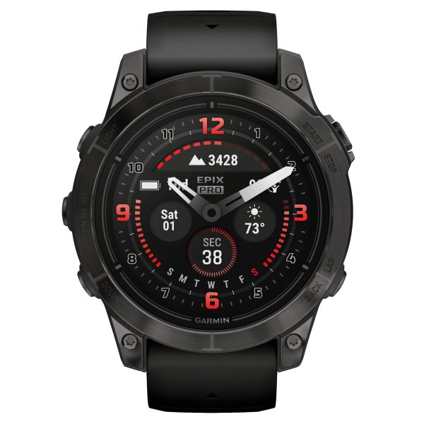 Montre Garmin Epix Pro (Gen2) Sapphire Edition Titane Carbon Gray DLC bracelet silicone noir 47 mm 010-02803-11