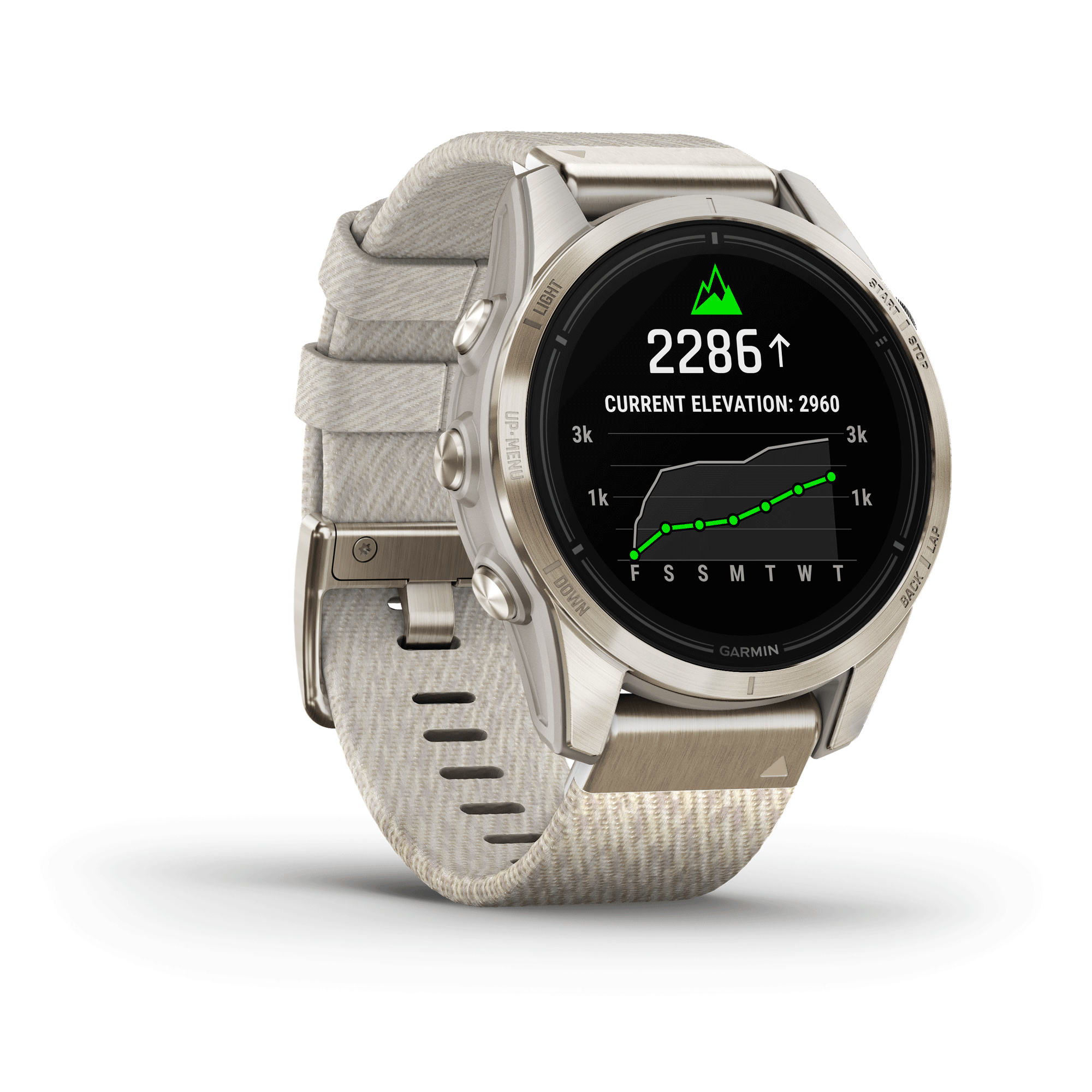 Montre Garmin Epix Pro (Gen2) Sapphire Special Edition Titane Light Gold bracelet nylon beige 42 mm 010-02802-20