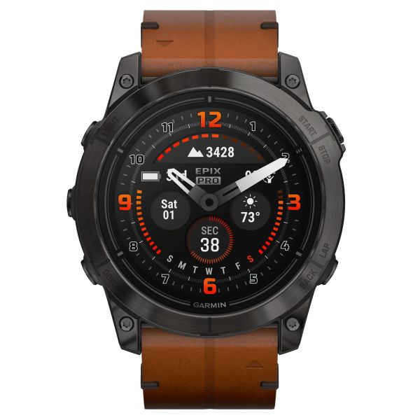 Garmin Epix Pro (Gen2) Sapphire Special Edition Titanium Carbon Gray DLC watch brown leather strap 51 mm 010-02804-30