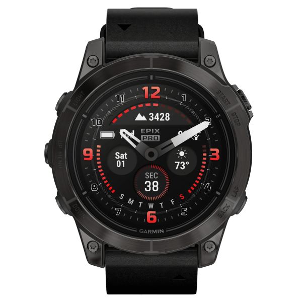Garmin Epix Pro (Gen2) Sapphire Special Edition Titanium Carbon Gray DLC watch with black leather strap 47 mm 010-02803-30