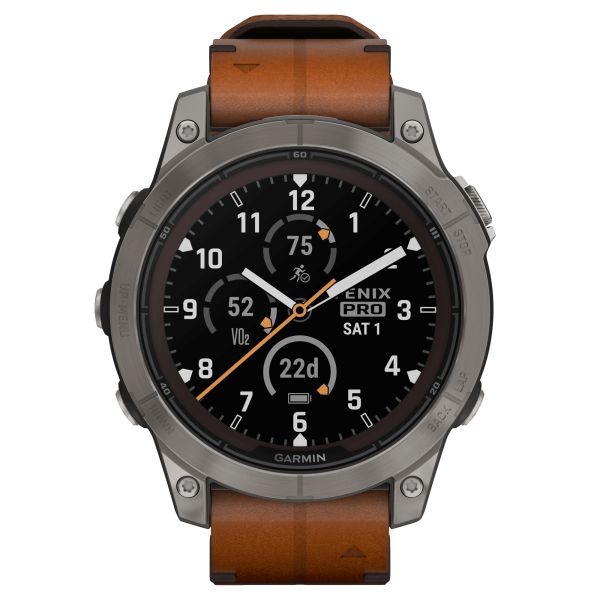 Garmin Fenix 7 Pro Sapphire Solar Special Edition Titanium watch brown leather strap 47 mm 010-02777-30