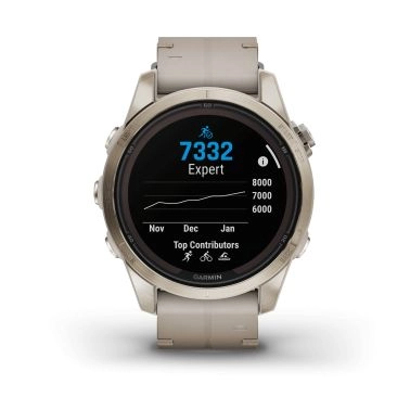 Montre Garmin Fénix 7S Pro Sapphire Solar Special Edition Titane Light Gold bracelet cuir crème 42 mm 010-02776-30