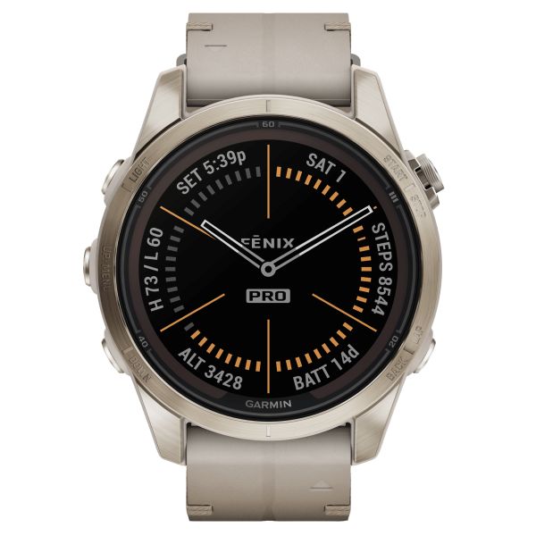 Garmin Fenix 7S Pro Sapphire Solar Special Edition Titanium Light Gold watch cream leather strap 42 mm 010-02776-30