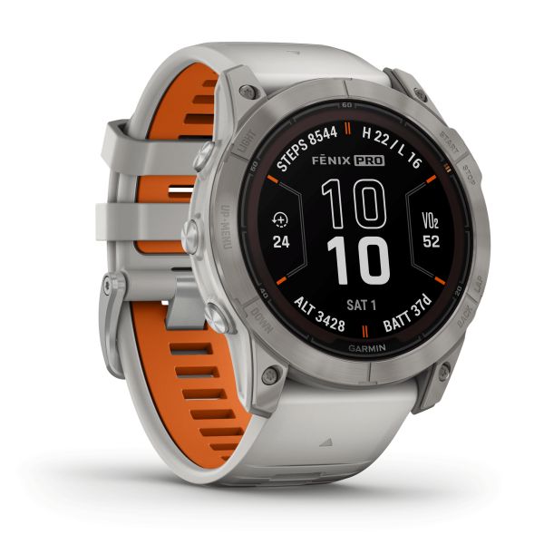 Montre Garmin Fénix 7X Pro Sapphire Solar Edition Titane bracelet silicone gris et orange 51 mm 010-02778-15