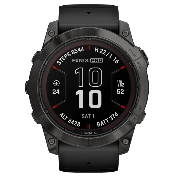 Garmin Fenix 7X Pro Sapphire Solar Edition Titanium Carbon Gray DLC watch with black silicone strap 51 mm 010-02778-11