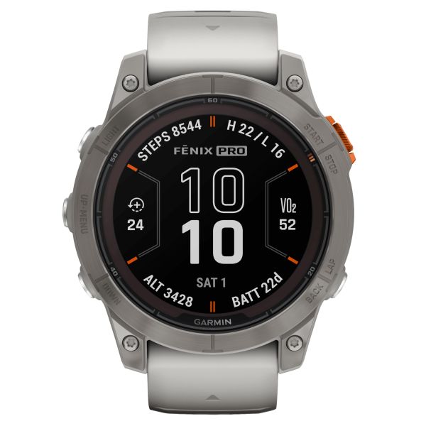 Garmin Fenix 7 Pro Sapphire Solar Edition Titanium watch grey and orange silicone strap 47 mm 010-02777-21