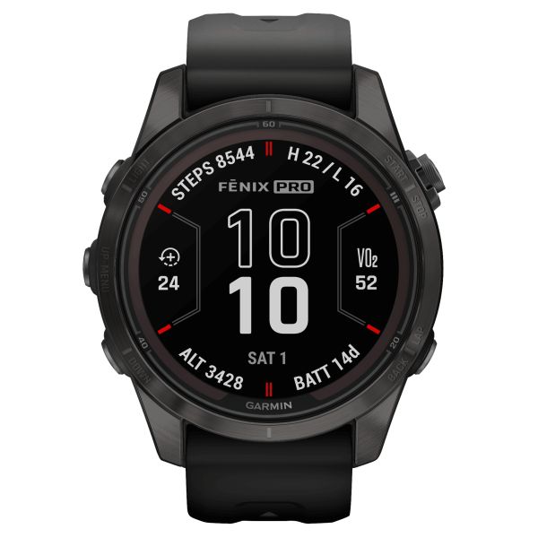 Montre Garmin Fénix 7S Pro Sapphire Solar Edition Titane Carbon Gray DLC bracelet silicone noir 42 mm 010-02776-11