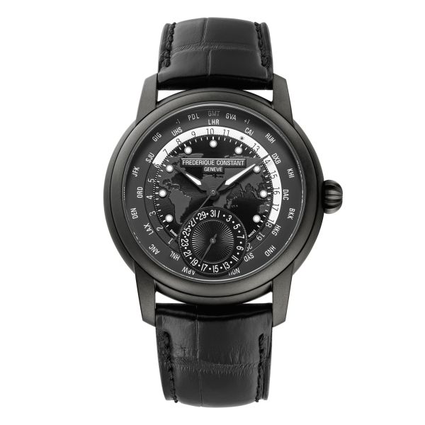 Frédérique Constant Classics Worldtimer Manufacture Globetrotter Full Black Edition Automatic watch blue dial leather strap 42 m