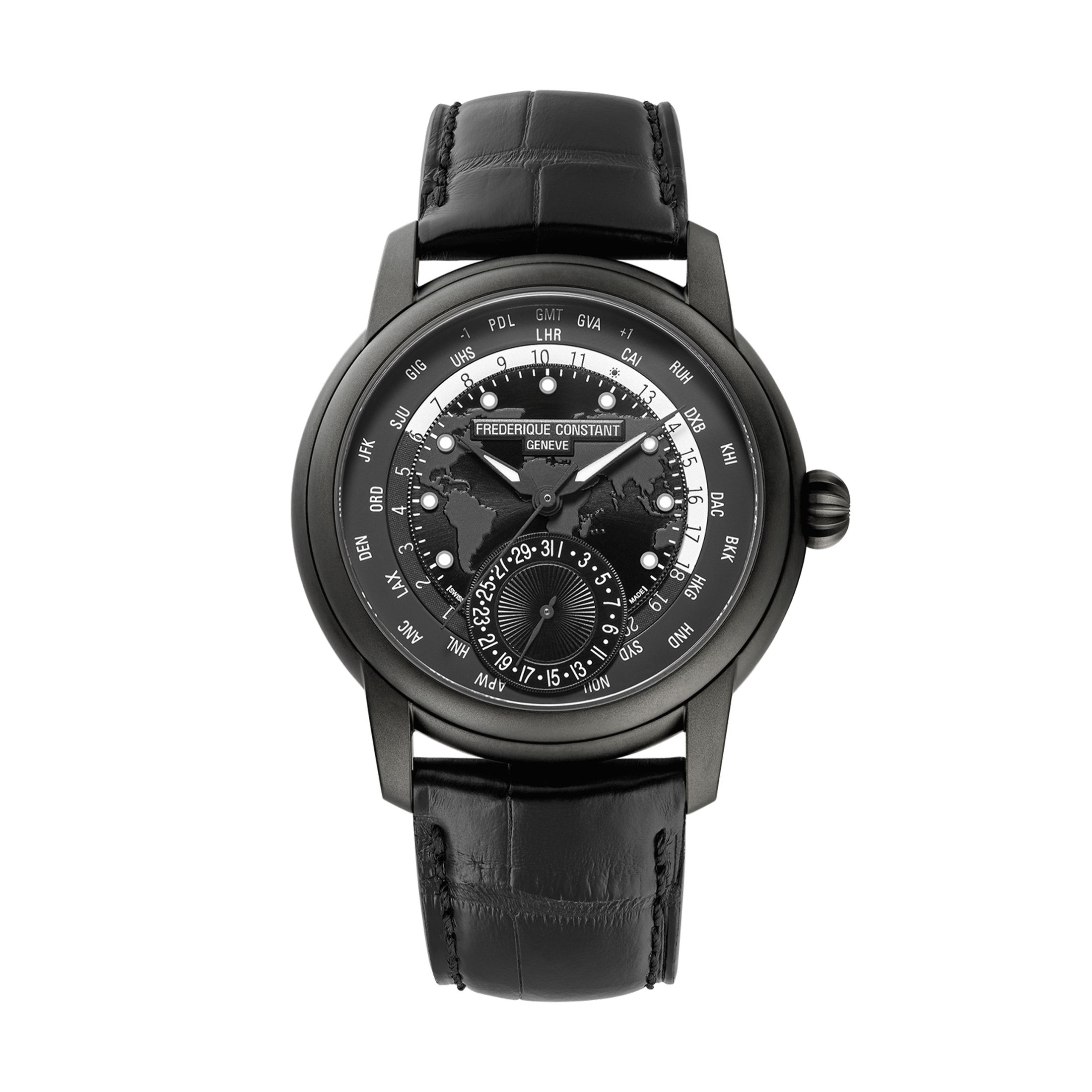 Montre Frederique Constant Classics Worldtimer Manufacture Globetrotter Full Black Edition Automatique cadran noir bracelet cuir 42 mm