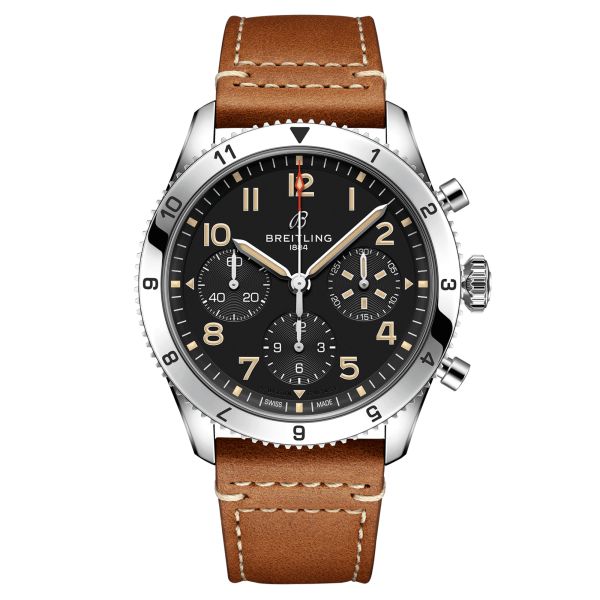 Breitling Classic AVI Chronograph P-51 Mustang automatic watch black dial brown leather strap 42 mm