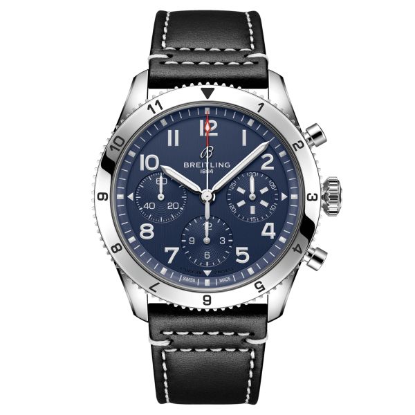 Breitling Classic AVI Chronograph Tribute to Vought F4U Corsaire automatic watch blue dial black leather strap 42 mm