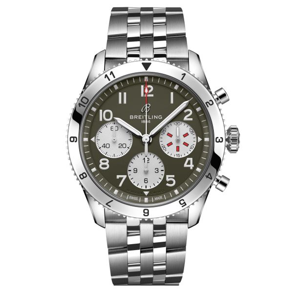 Breitling Classic AVI Chronograph Curtiss Warhawk automatic watch green dial steel bracelet 42 mm