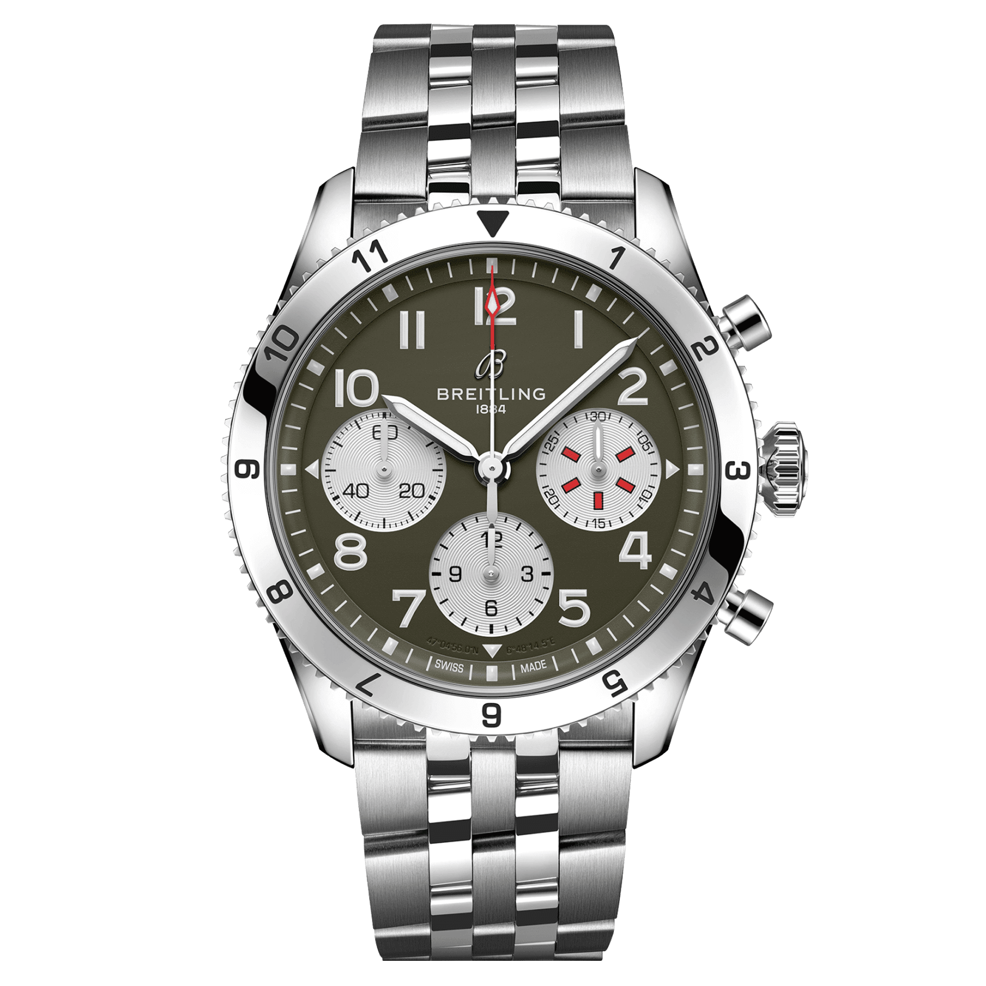 Breitling Classic AVI Chronograph Curtiss Warhawk automatic watch green dial steel bracelet 42 mm