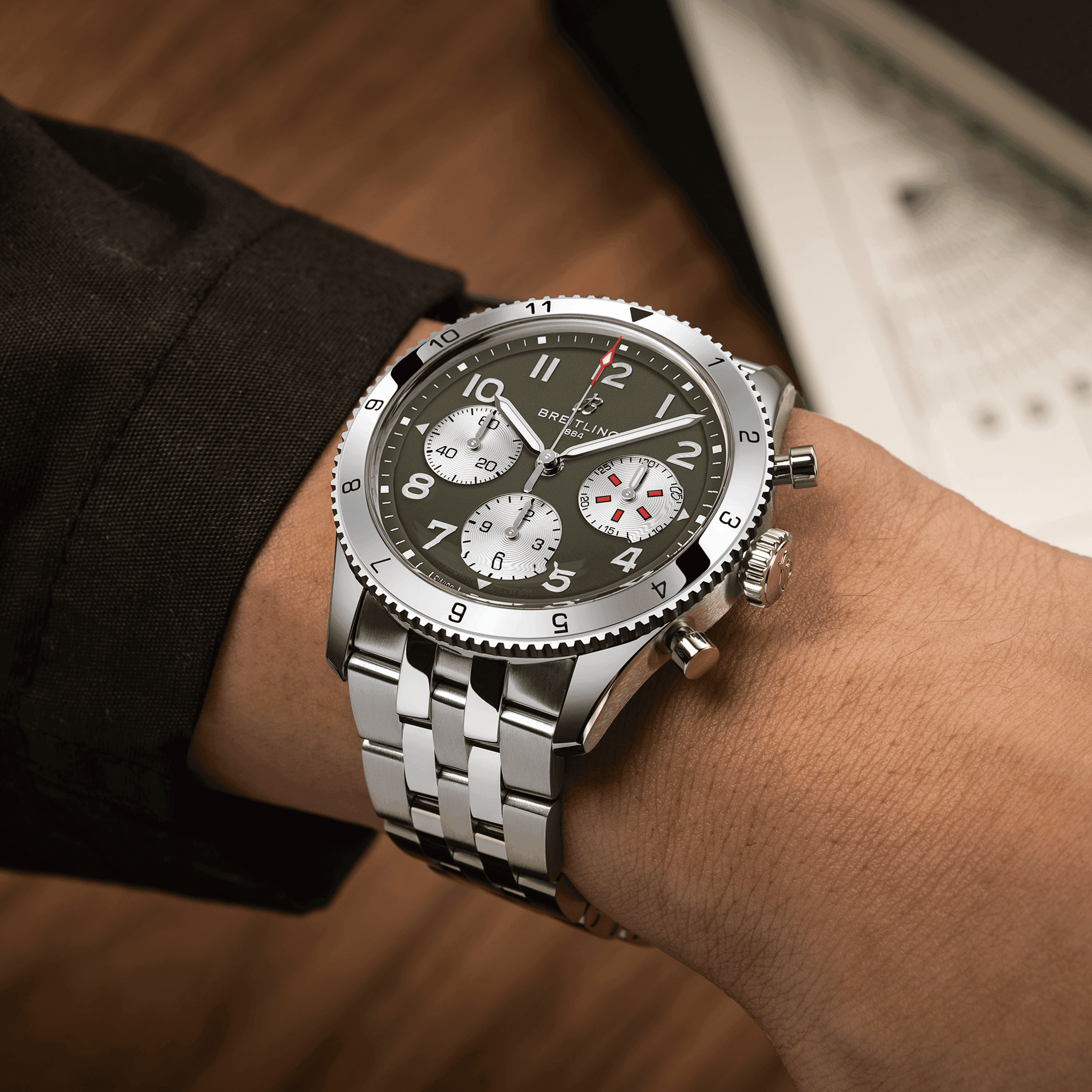 Breitling Classic AVI Chronograph Curtiss Warhawk automatic watch green dial steel bracelet 42 mm