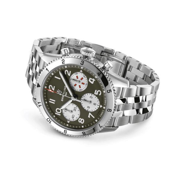 Breitling Classic AVI Chronograph Curtiss Warhawk automatic watch green dial steel bracelet 42 mm