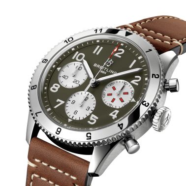 Breitling Classic AVI Chronograph Curtiss Warhawk automatic watch green dial brown leather strap 42 mm