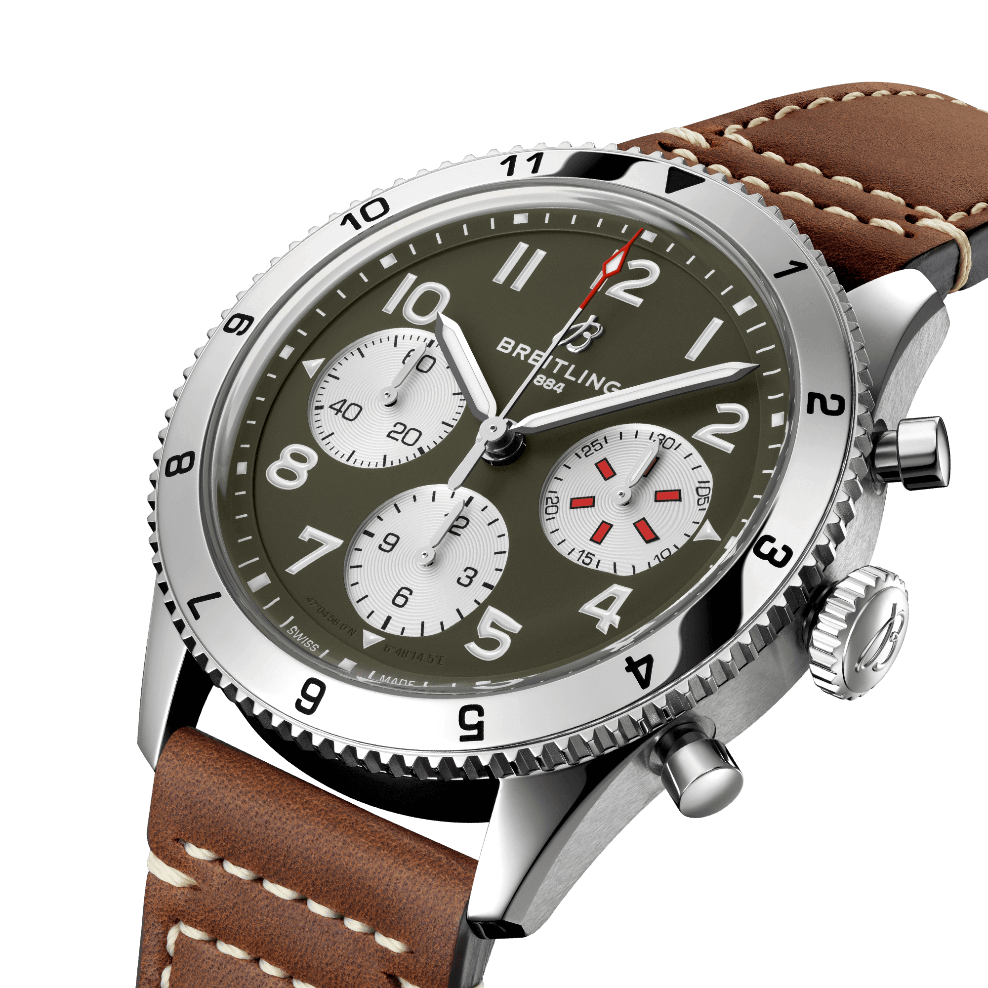 Breitling Classic AVI Chronograph Curtiss Warhawk automatic watch green dial brown leather strap 42 mm