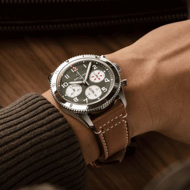 Breitling Classic AVI Chronograph Curtiss Warhawk automatic watch green dial brown leather strap 42 mm