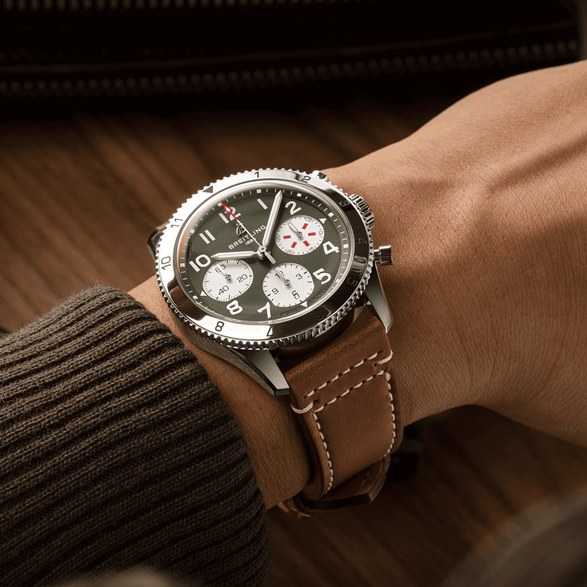 Breitling Classic AVI Chronograph Curtiss Warhawk automatic watch green dial brown leather strap 42 mm