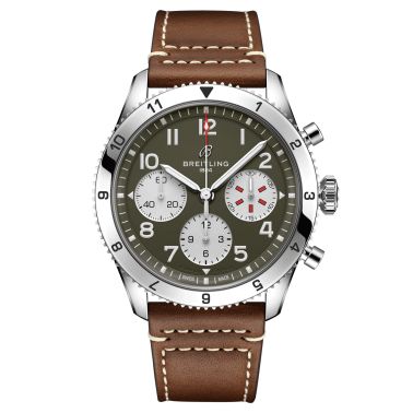 Montre Breitling Classic AVI Chronograph Curtiss Warhawk automatique cadran vert bracelet cuir brun 42 mm A233802A1L1X1