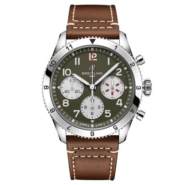 Breitling Classic AVI Chronograph Curtiss Warhawk automatic watch green dial brown leather strap 42 mm