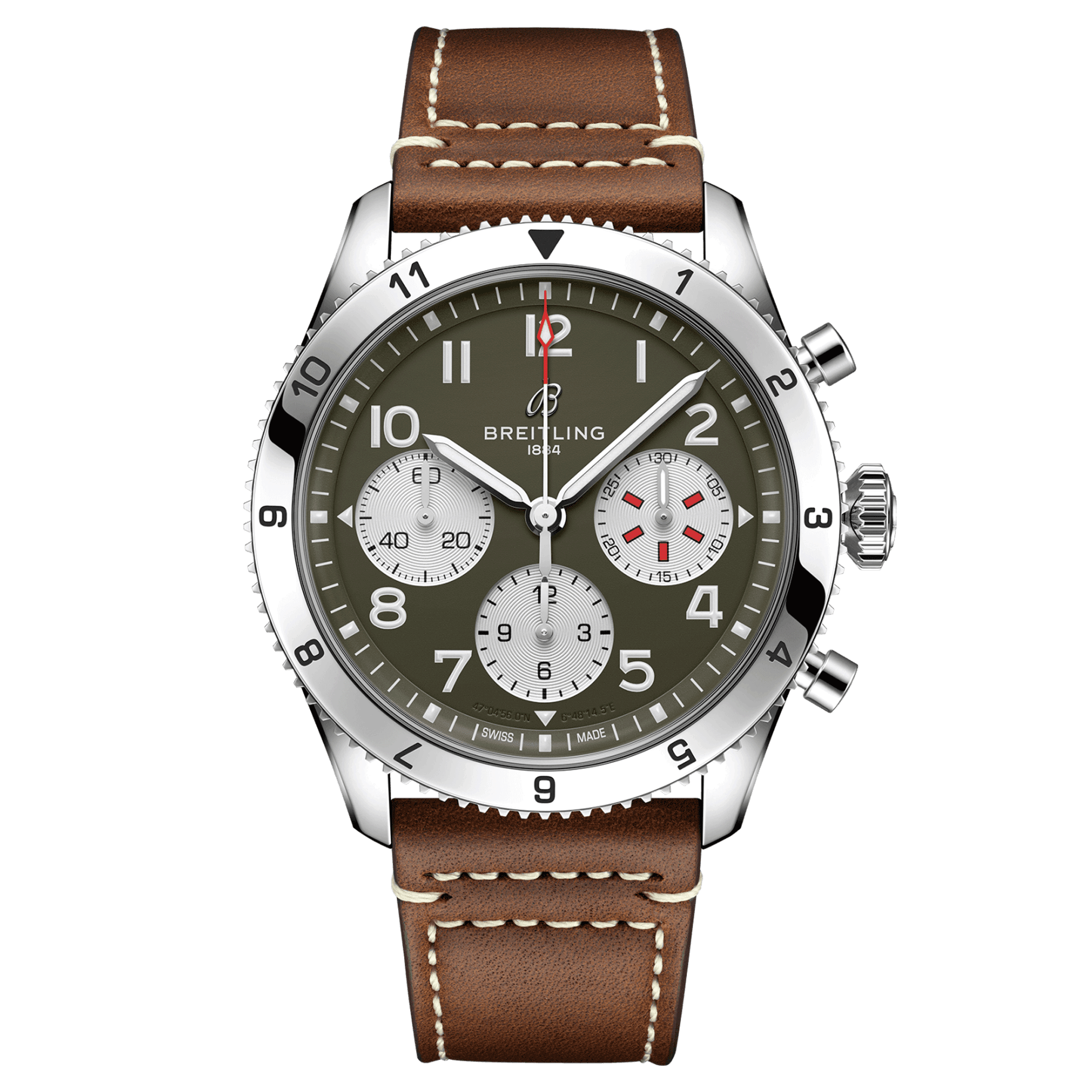 Breitling Classic AVI Chronograph Curtiss Warhawk automatic watch green dial brown leather strap 42 mm