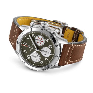 Breitling Classic AVI Chronograph Curtiss Warhawk automatic watch green dial brown leather strap 42 mm