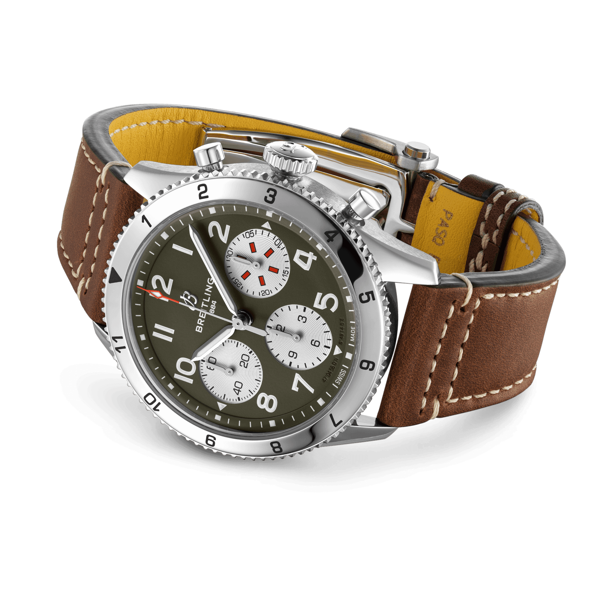 Breitling Classic AVI Chronograph Curtiss Warhawk automatic watch green dial brown leather strap 42 mm