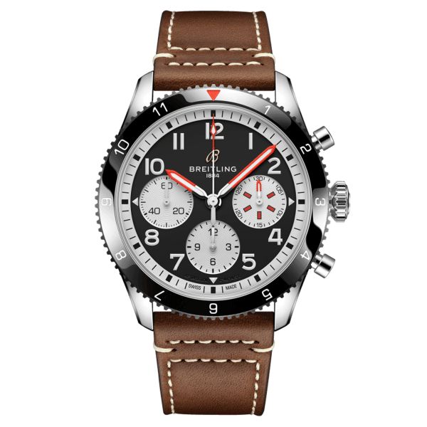Breitling Classic AVI Chronograph Mosquito automatic watch black dial brown leather strap 42 mm