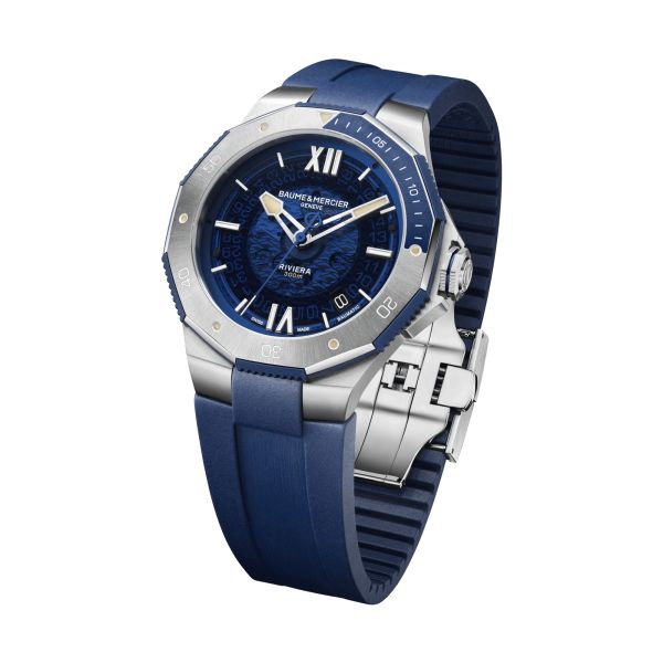 Baume et Mercier Riviera watch automatic blue dial blue rubber strap 42 mm