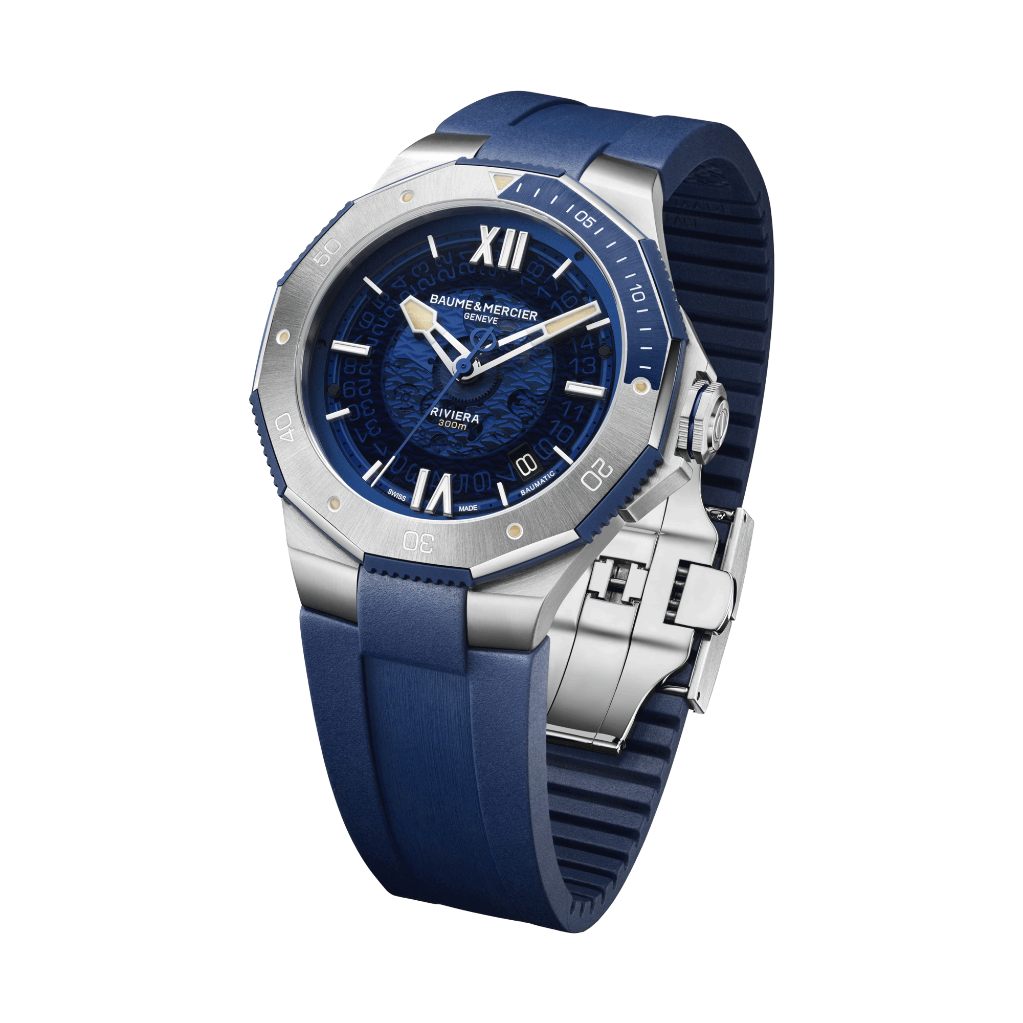 Baume et Mercier Riviera watch automatic blue dial blue rubber strap 42 mm