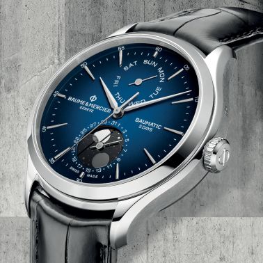 Montre Baume et Mercier Clifton Baumatic Moon Phase automatique cadran bleu bracelet cuir 42 mm 10593