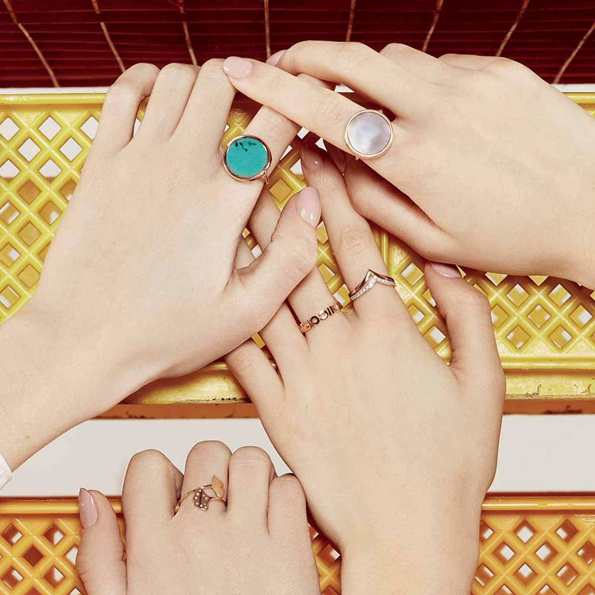 Bague Ginette NY Disc Fallen Sky en or rose et turquoise