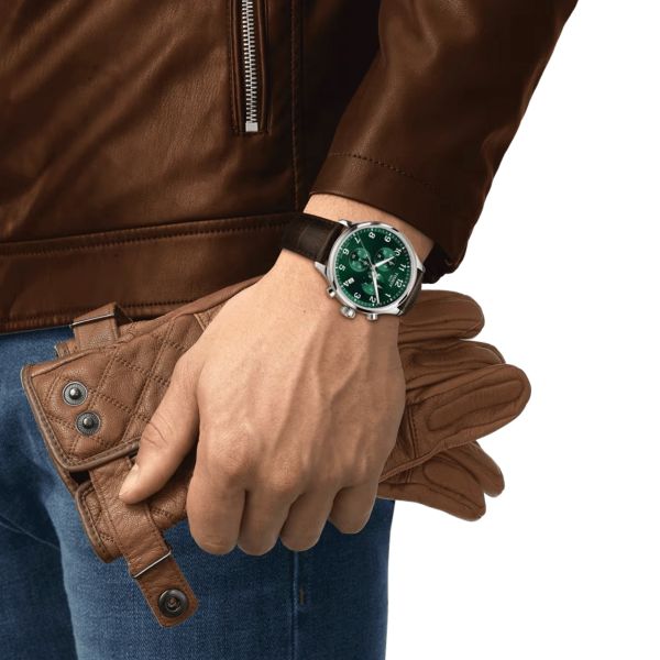 Tissot T-Sport Chrono XL Classic quartz watch green dial brown leather strap 45 mm