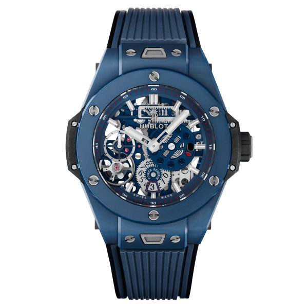 Montre Hublot Big Bang Meca-10 Ceramic Blue mécanique cadran squelette bracelet caoutchouc bleu 45 mm 414.EX.5123.RX