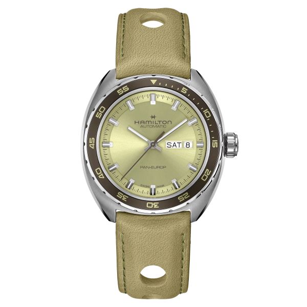 Hamilton American Classic Pan Europ Day Date automatic watch green dial green leather strap 42 mm