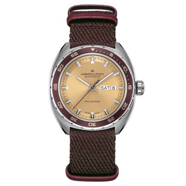 Montre Hamilton American Classic Pan Europ Day Date automatique cadran beige bracelet cuir beige 42 mm H35435820