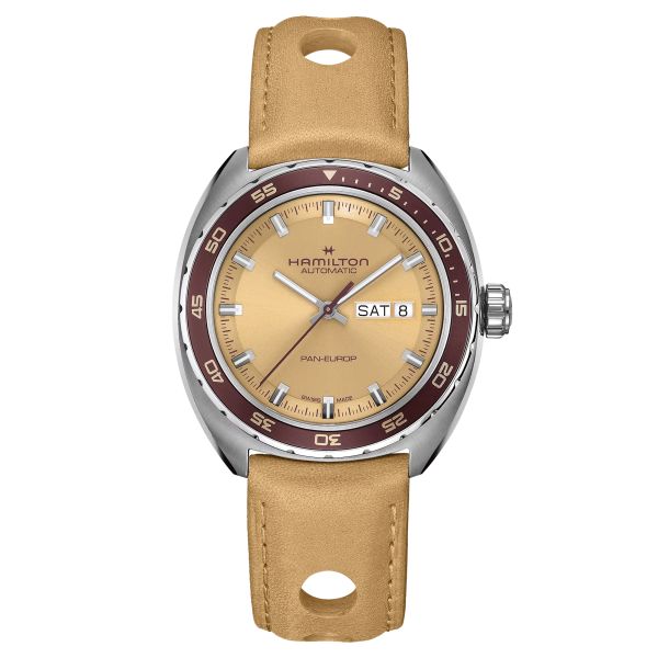 Hamilton American Classic Pan Europ Day Date automatic watch beige dial beige leather strap 42 mm