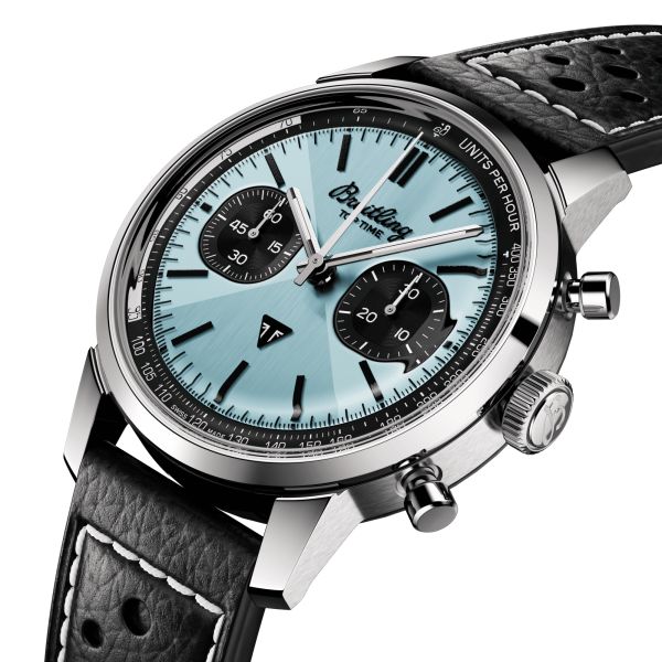 Breitling Top Time Triumph B01 automatic watch blue dial black leather strap 41 mm AB01764A1C1X1