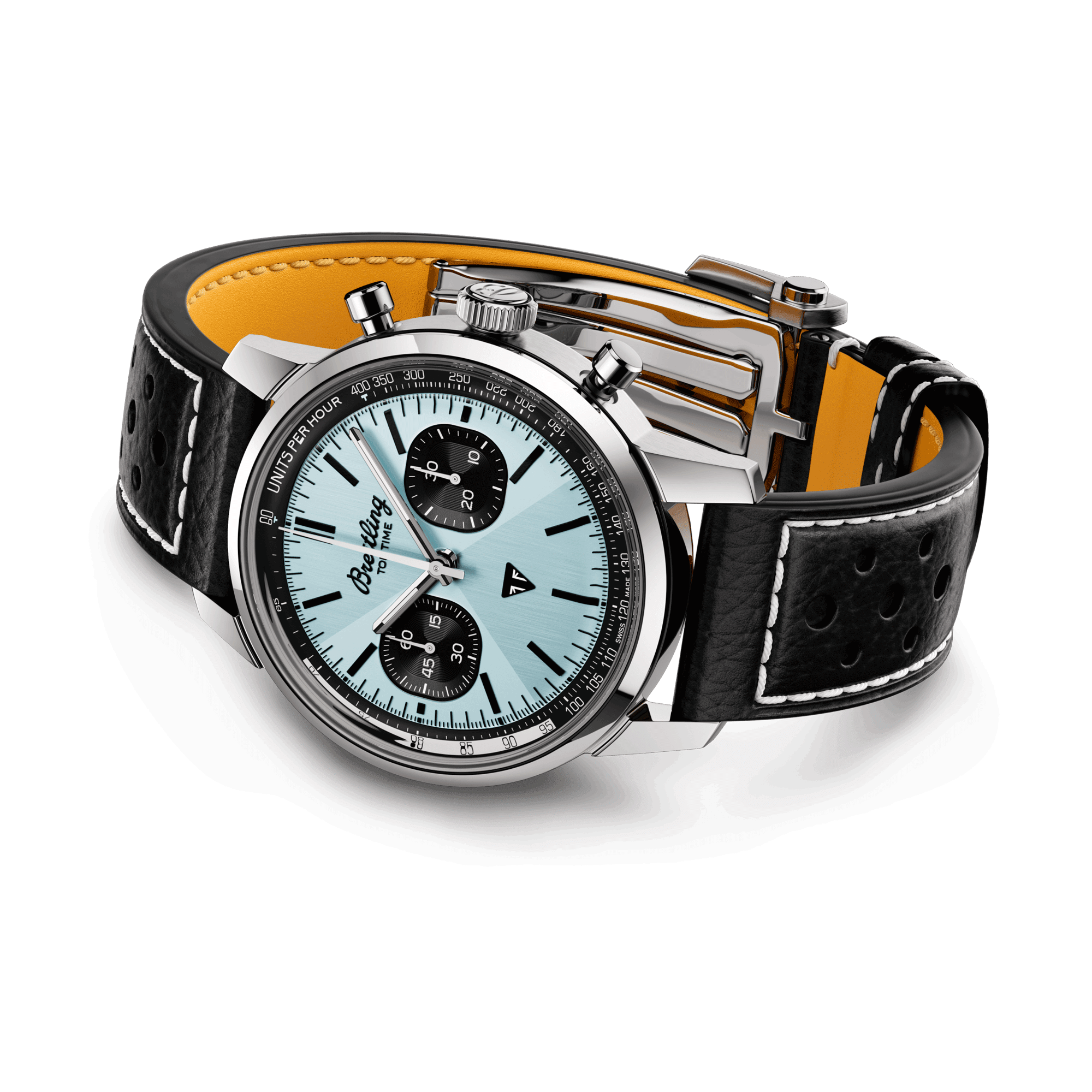 Breitling Top Time Triumph B01 automatic watch blue dial black leather strap 41 mm AB01764A1C1X1