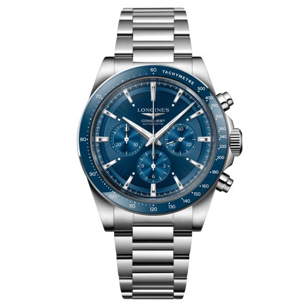 Longines Conquest Chronograph 2023 automatic watch blue dial steel bracelet 42 mm