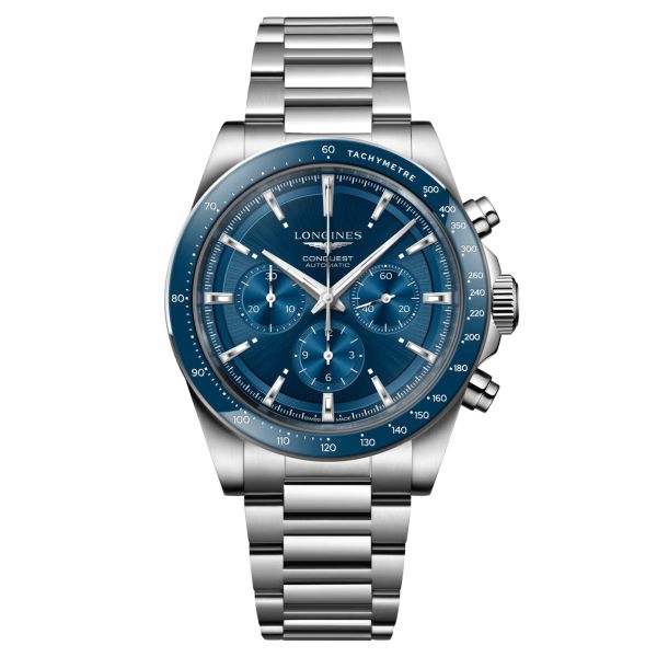 Montre Longines Conquest Chronographe 2023 automatique cadran bleu bracelet acier 42 mm L3.835.4.92.6