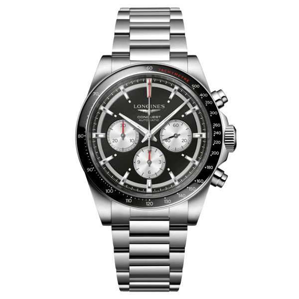 Montre Longines Conquest Chronographe 2023 automatique cadran noir bracelet acier 42 mm L3.835.4.52.6