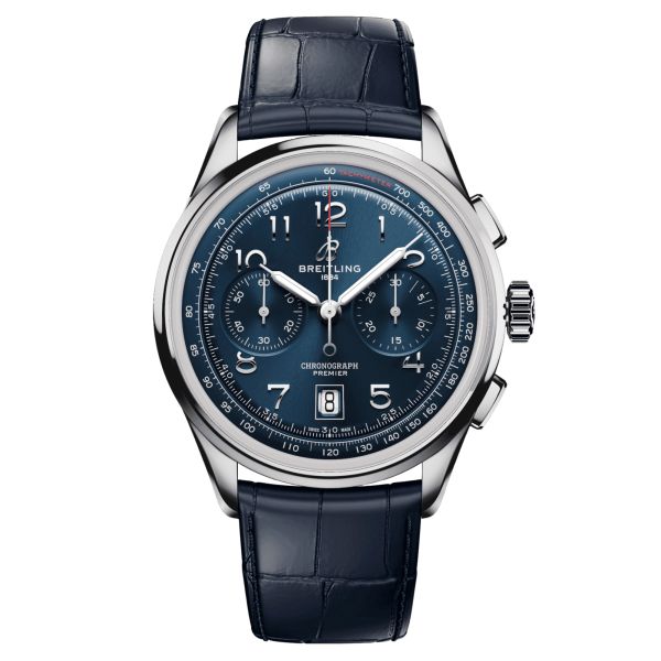 Breitling Premier B01 Chronograph automatic watch blue dial blue leather strap 42 mm AB0145171C1P2