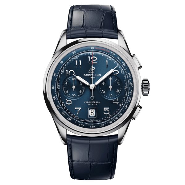 Montre Breitling Premier B01 Chronograph automatique cadran bleu bracelet cuir bleu 42 mm AB0145171C1P2